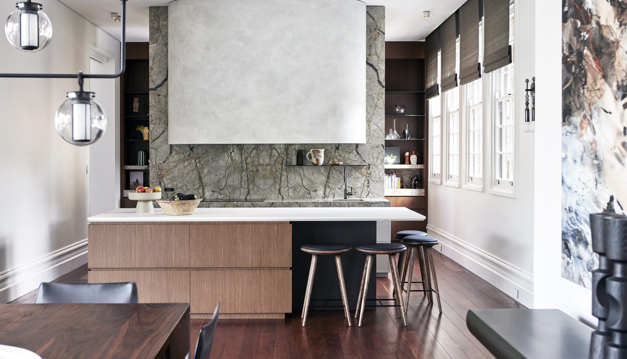 Peppermint Grove hallway with steel-framed glass doors connecting heritage rooms by Hare + Klein