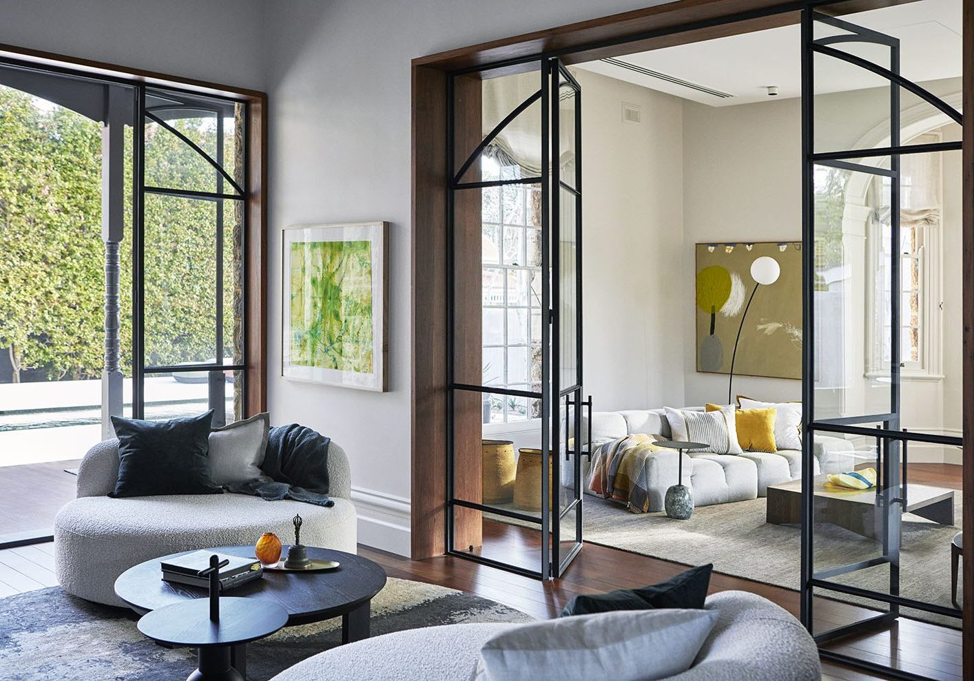 Peppermint Grove sitting room with antique furniture and contemporary art by Hare + Klein