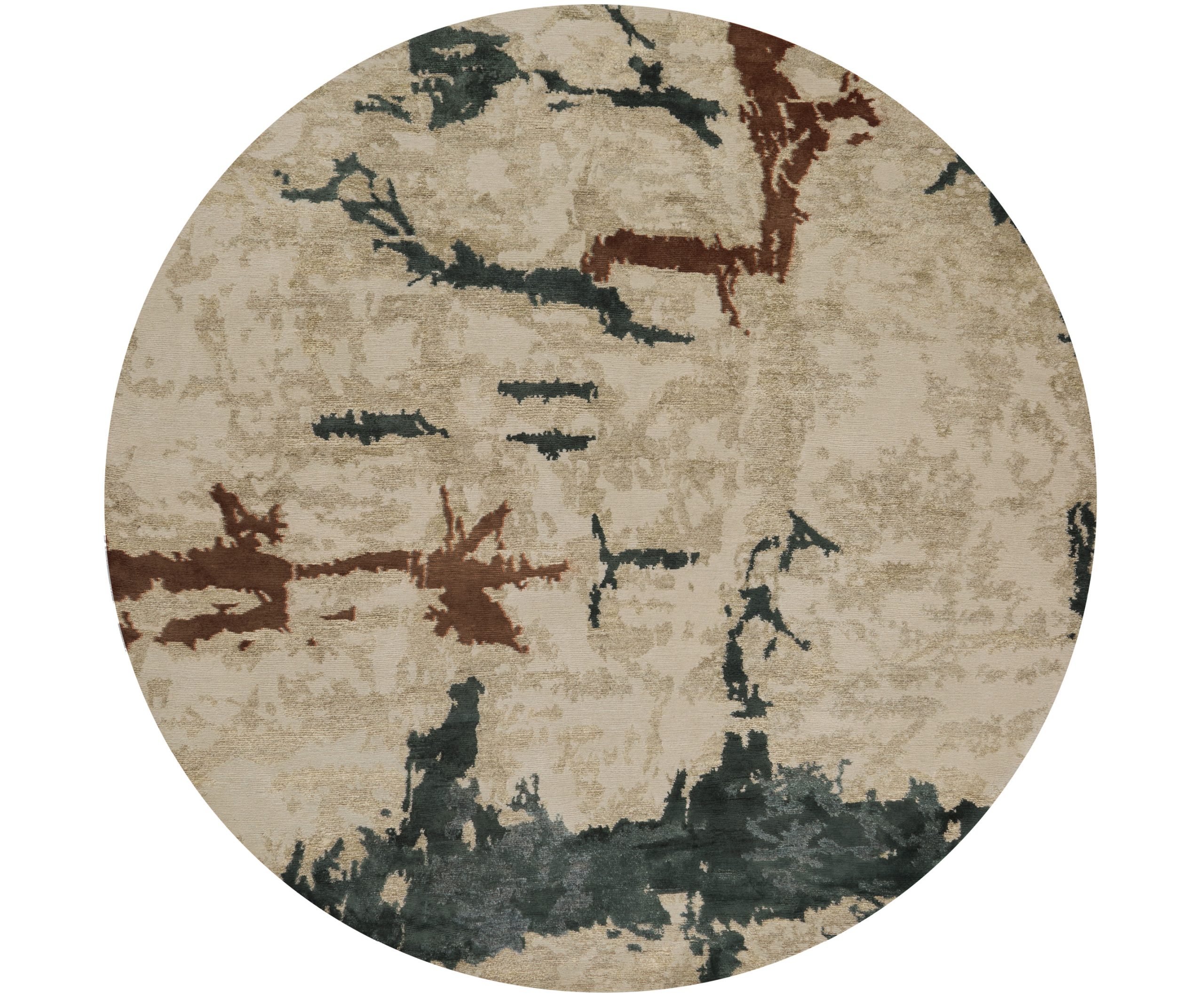 Echo rug detail in cream, green and rust brushstroke pattern, design by Lucy Carroll inspired by Protesters Falls