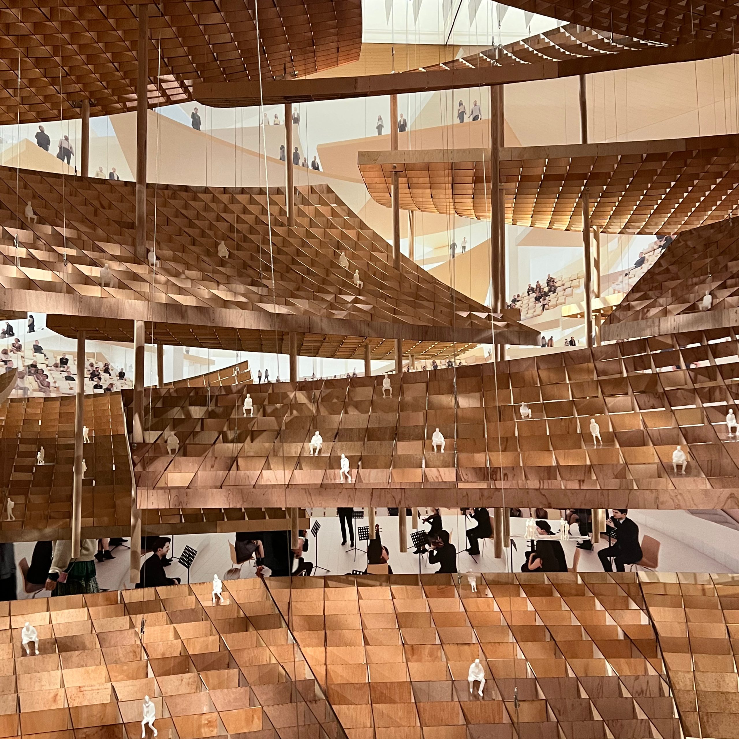 Sou Fujimoto's 1:15 scale model of the International Centre Station, a music hall and earthquake memorial, on display at the Mori Art Museum exhibition in Tokyo